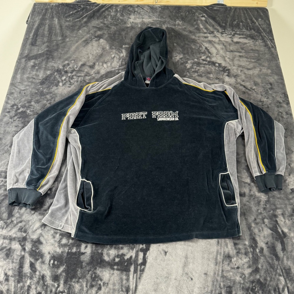 Phat Farm Hoodie Mens XXL Black Grey Velour Loungewear Y2K Streetwear Pullover